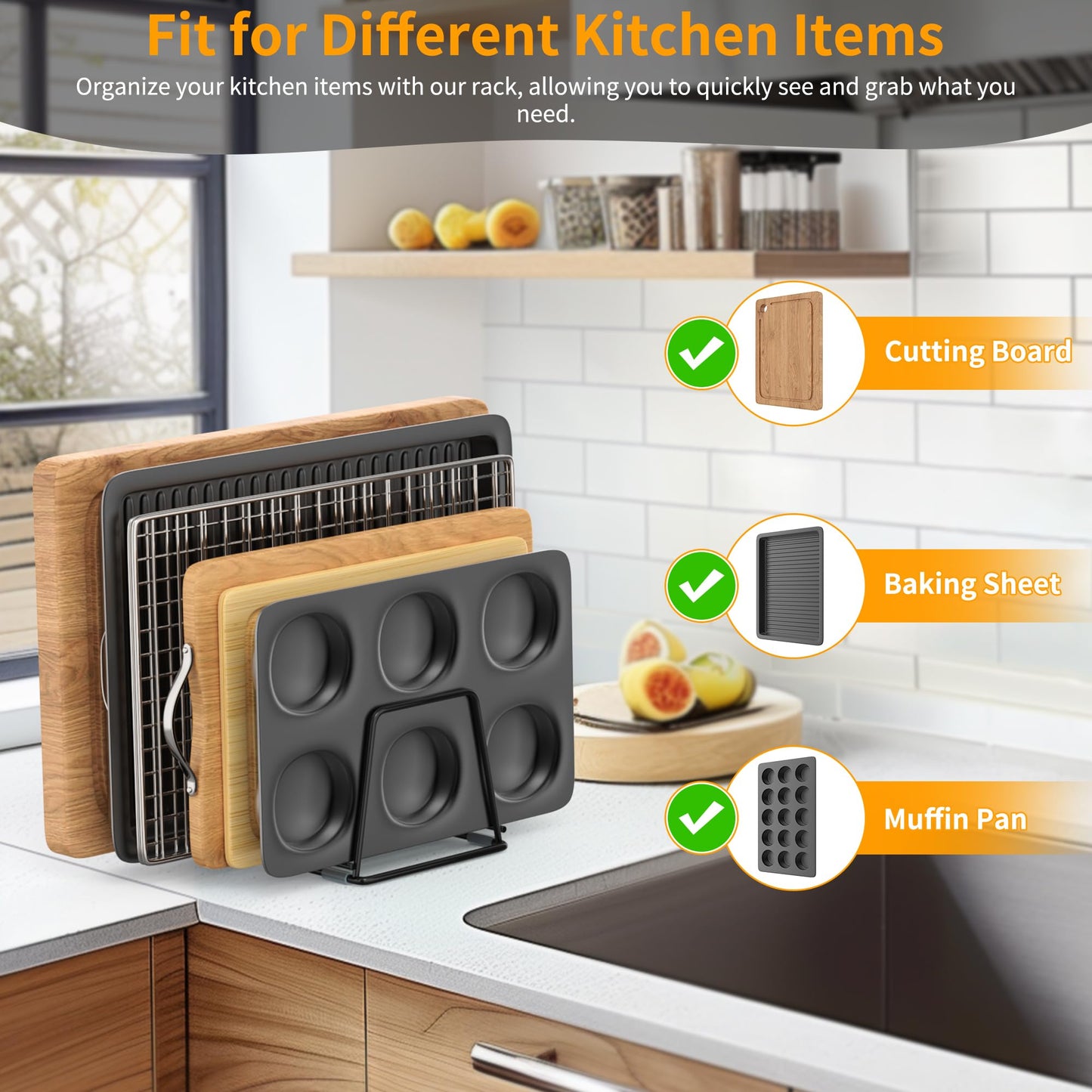 LAEMYFYRE Cutting Board Organizer Kitchen Organizer Rack for Cutting Board, Bakeware, and Cookie Sheet, 5-Slot Heavy-Duty Steel Cookware Holder,Rust-Resistant with Anti-Slip Feet (2, Small)