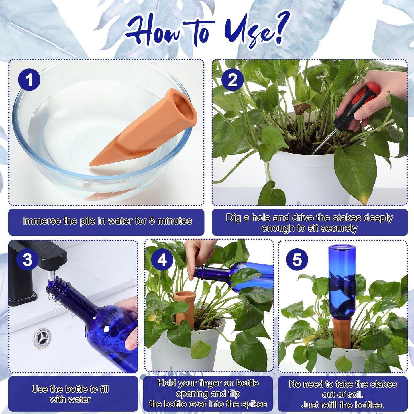 SiliFine 6 Sets Plant Watering Devices Include Terracotta Self Watering Spikes and 26 oz Plastic Bottles, Slow Release Vacation Insert Automatic Plant Waterer Device (Blue Green and Terracotta)