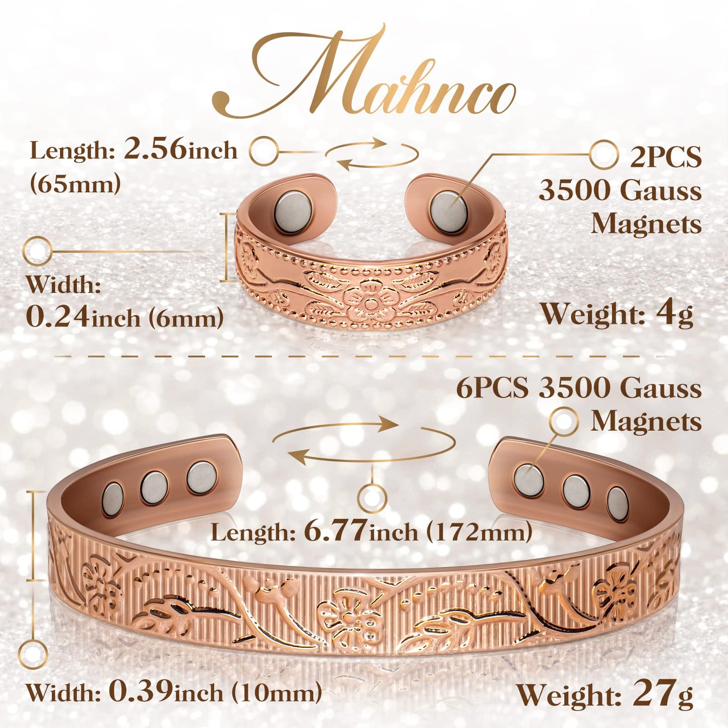 Copper Bracelet for Women, Magnetic Lymph Detox Ring and Magnetic Copper Bracelet, 100% Solid Pure Copper Jewelry Gift