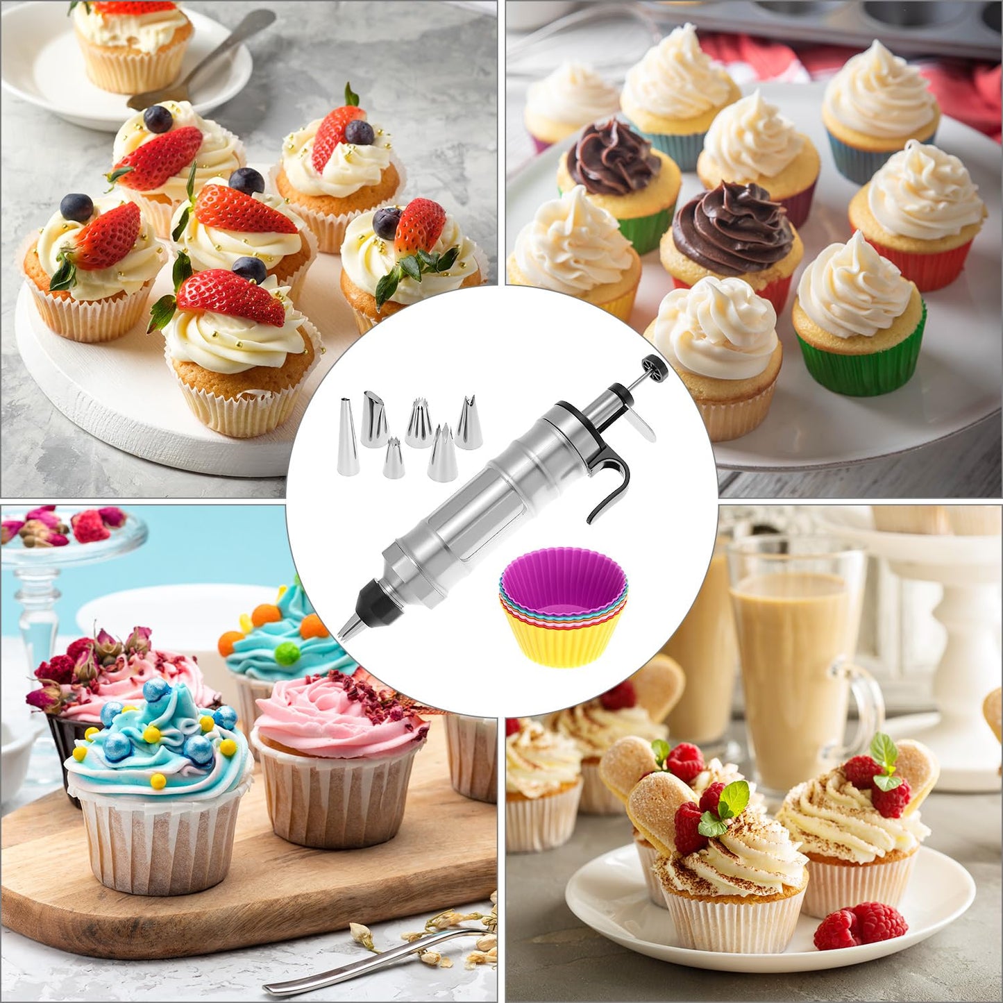 QWORK Dessert Decorating Syringe Set, 304 Stainless Steel Frosting Icing Piping Kit with 6 Replaceable Tips and 8 Silicone Cupcakes - Ideal for Cakes, Cupcakes, Cookies