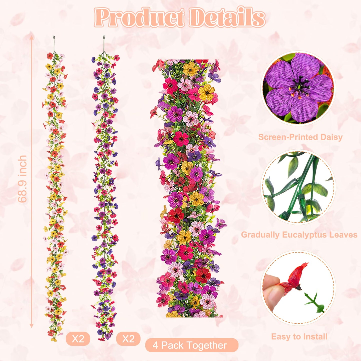 Ammyoo Artificial Flowers Garland Ivy, 4 Pack 5.9 FT Spring Summer Decor UV Resistant Fake Mums Floral Vine Silk Daisy Hanging Flower for Home Garden Wedding Decor Photo Booth Backdrop(Mix)