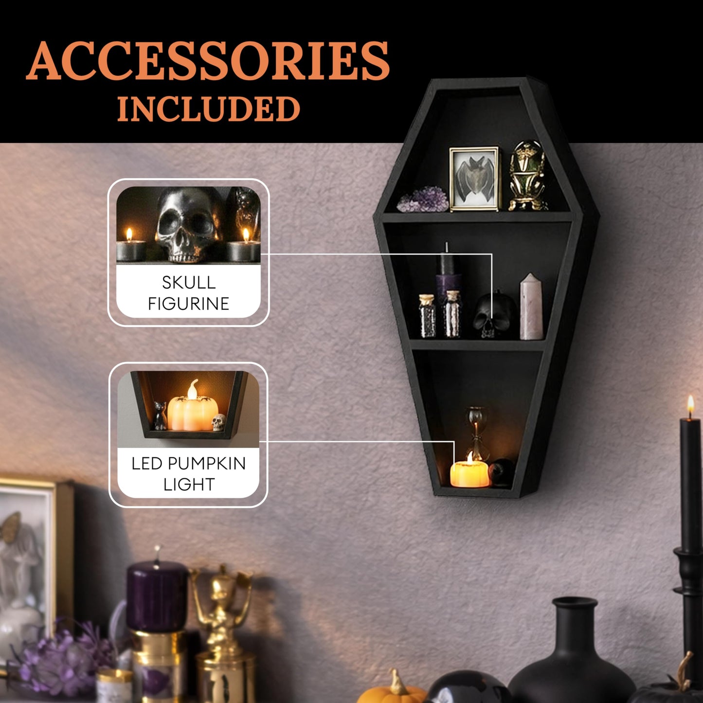 MANNY'S MYSTERIOUS ODDITIES Coffin Shelf and Coffin Gift Box with Spooky Accessories Set - Small Cute Goth Halloween Box 14 by 7 Inches - Black
