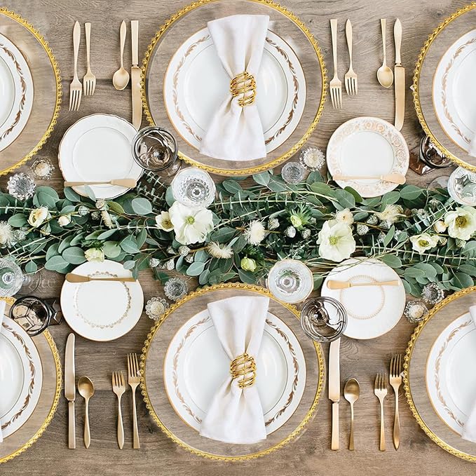 EI 13 Inch Gold Charger Plate,50pcs Clear Charger Plates with Gold Rim,Disposable Chargers Plate,Plastic Chargers Plates for Dinne Family Party and Wedding