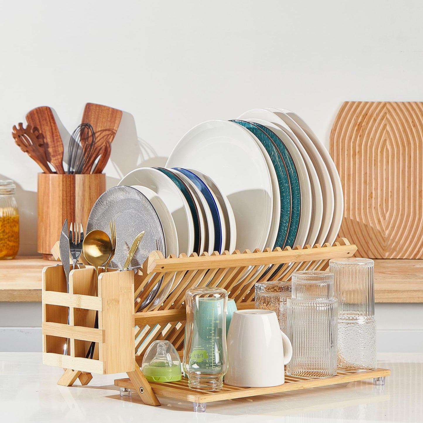 NOVAYEAH Bamboo Dish Drying Rack with Utensil Holder, Collapsible Wooden Dish Drainer Rack, 3-Tier Large Folding Drying Holder for Kitchen Counter 51 pcs Grid