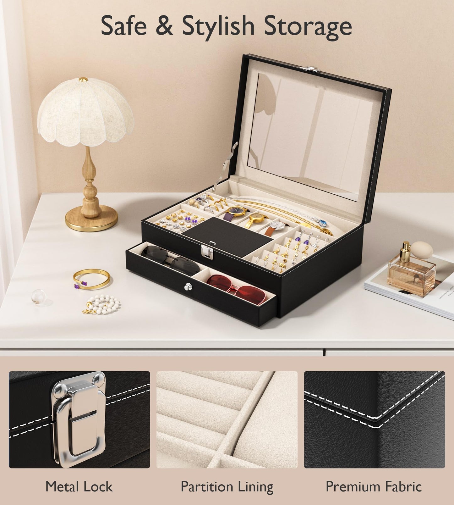 NEWLOOP Jewelry Sunglasses Organizer for Women – 2 Layer Storage Box with 10 Eyeglass Slots 3 Watch Holders Necklace and Earring Compartments Velvet Lined Jewelry Box Eyeglass Box Watch Box Display