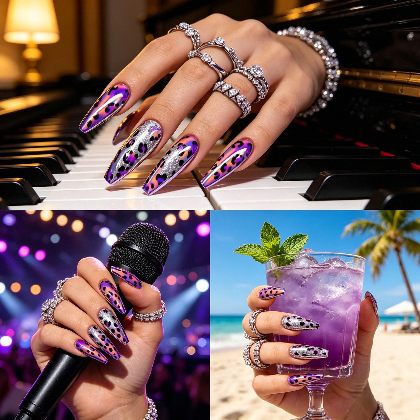 Chunmeng 24Pcs Long Ballet Press on Nails – Purple Halo Leopard Print, Reusable Salon Grade Fake Nails for Women