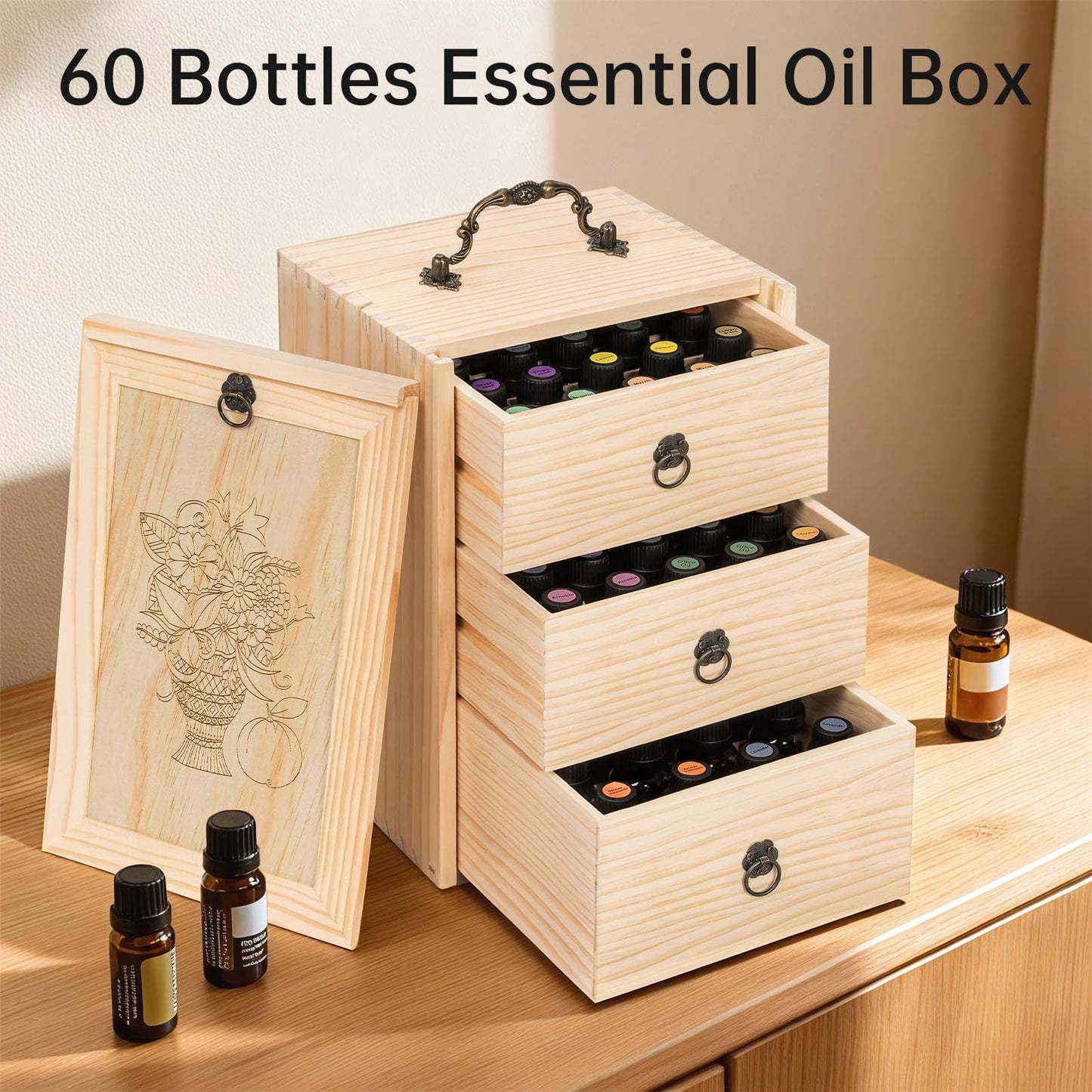 TORIBIO Essential Oil Storage Box for 60 Bottles, Wooden Essential Oils Holder Organizer Holds 5-30ml for Young Living & Doterra Bottles