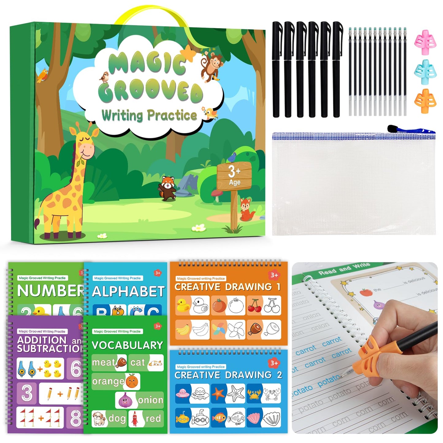 Hoarecal Magic Grooved Writing Practice Book for Kids Ages 3–8, 6 Reusable Handwriting Practice Books with 6 Pens, 12 Refills, 3 Soft Grips, Preschool Learning Activities Gifts for Boys and Girls