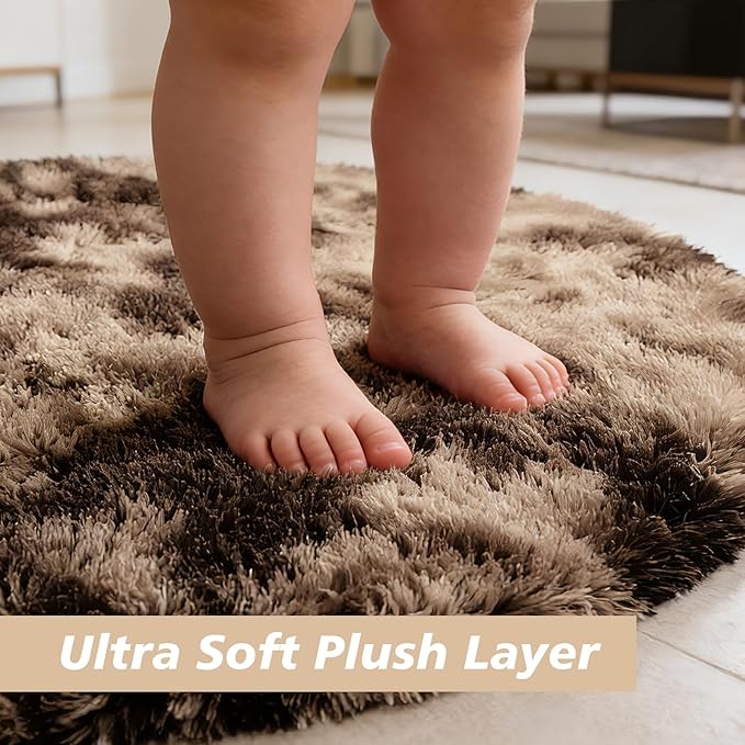 Tie-Dyed Coffee Fluffy Round Rug,Soft Area Rugs for Girls Room,Shaggy Rugs 3'X3' for Living Room,Non Slip Circle Rug for Kids Bedroom,Shag Plush Nursery Carpets,Fuzzy Rug for Dorm,Room Decor Carpet