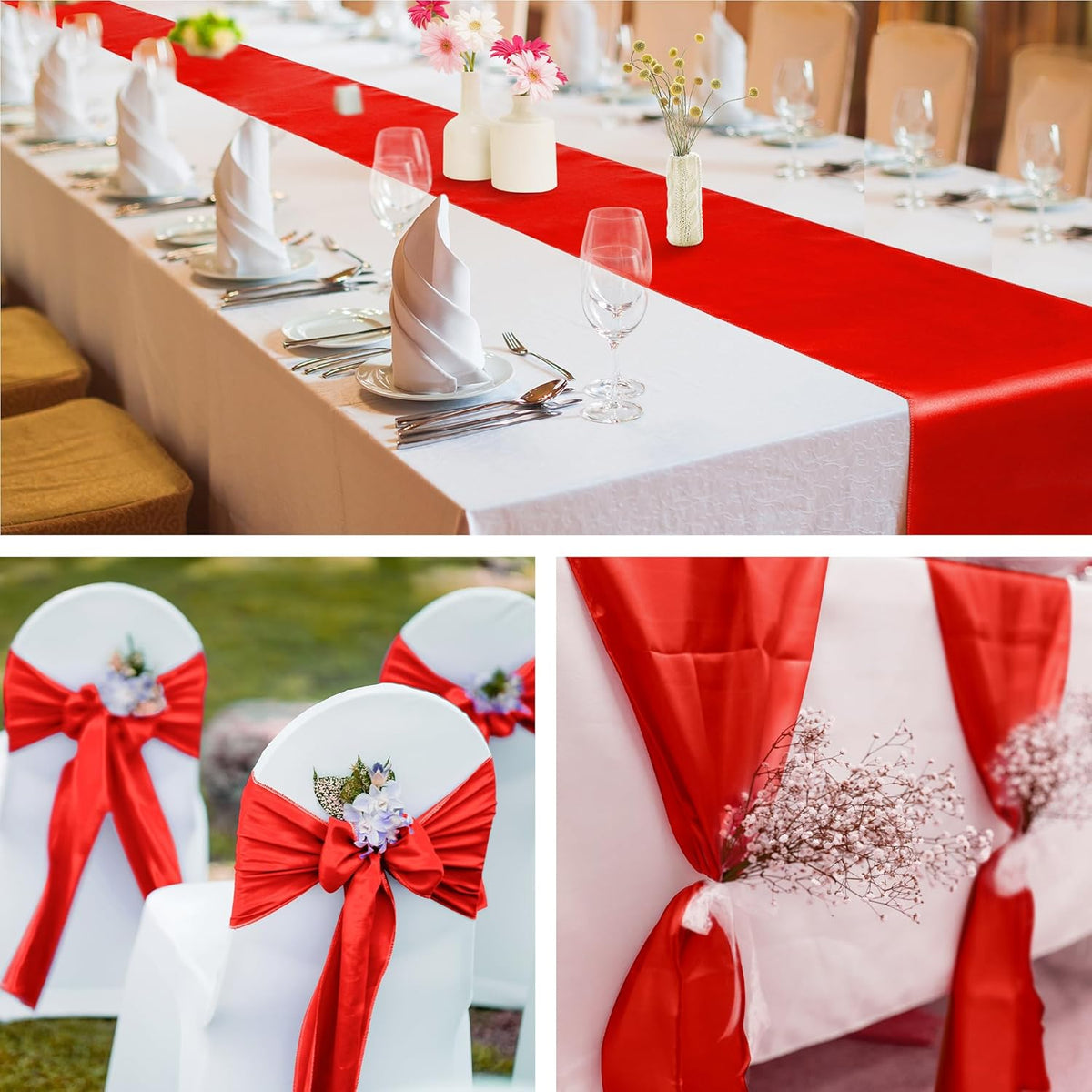 Aneco 16 Pack Satin Table Runner 12 X 108 Inch Red Long Wedding Satin Silk Table Runner for Wedding Banquet Graduations Birthday Party Decoration