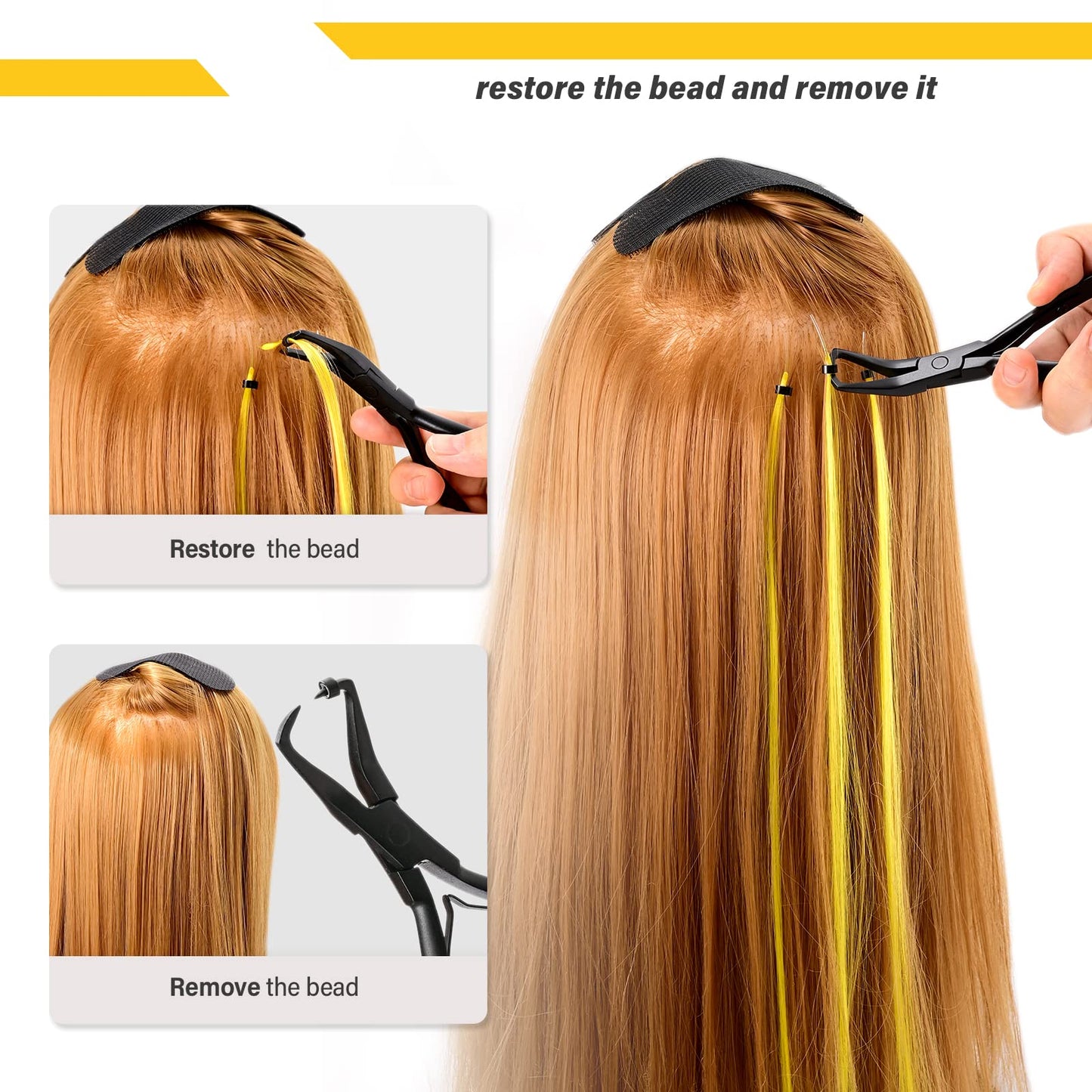 Gomake Microlinks Hair Extensions Kit, Hair Extension Closer and Removal Pliers, Micro Beads Pulling Hook & Microbead Loop Tool, Micro Links Silicone Rings Bead 200PCS(Black)