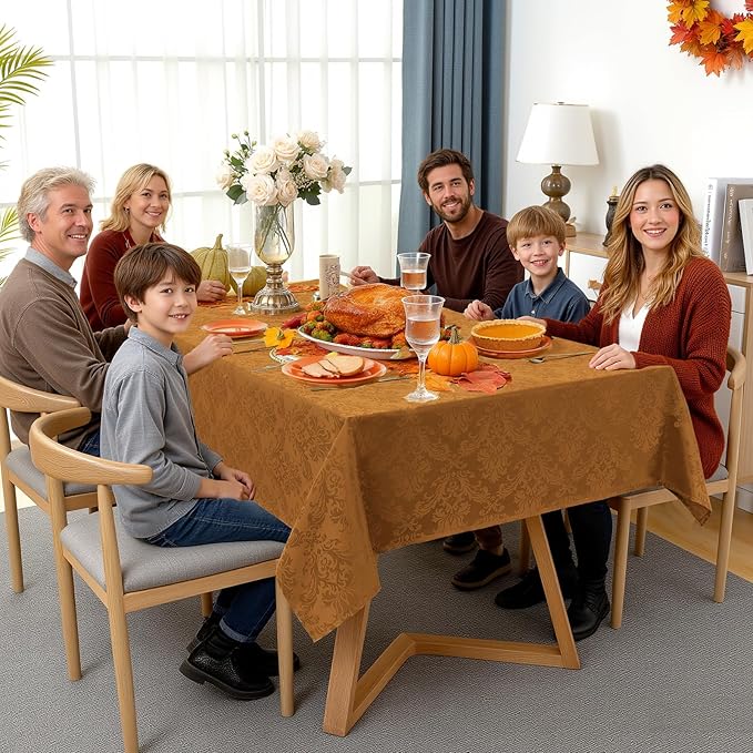 SASTYBALE Square Tablecloth - 52 x 52 Inch Brown Jacquard Tablecloths Damask Design Spillproof Table Cloth Polyester Oblong Table Cover for Thanksgiving Dinning Party Tabletop