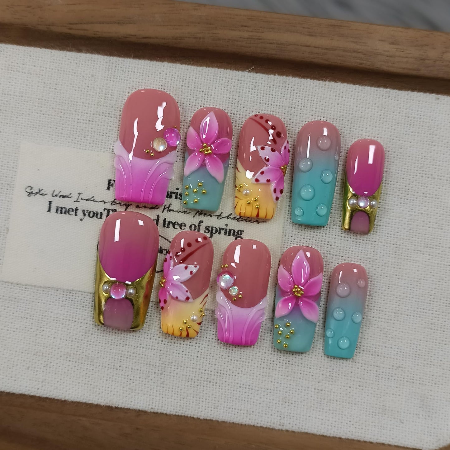 TENPAL Medium Square Press on Nails - Magenta Navy Blush Ombre 3D Floral Design Y2K Glossy False Nails for Women Girls, Acrylic Soft Gel Handmade Square Nails(S)