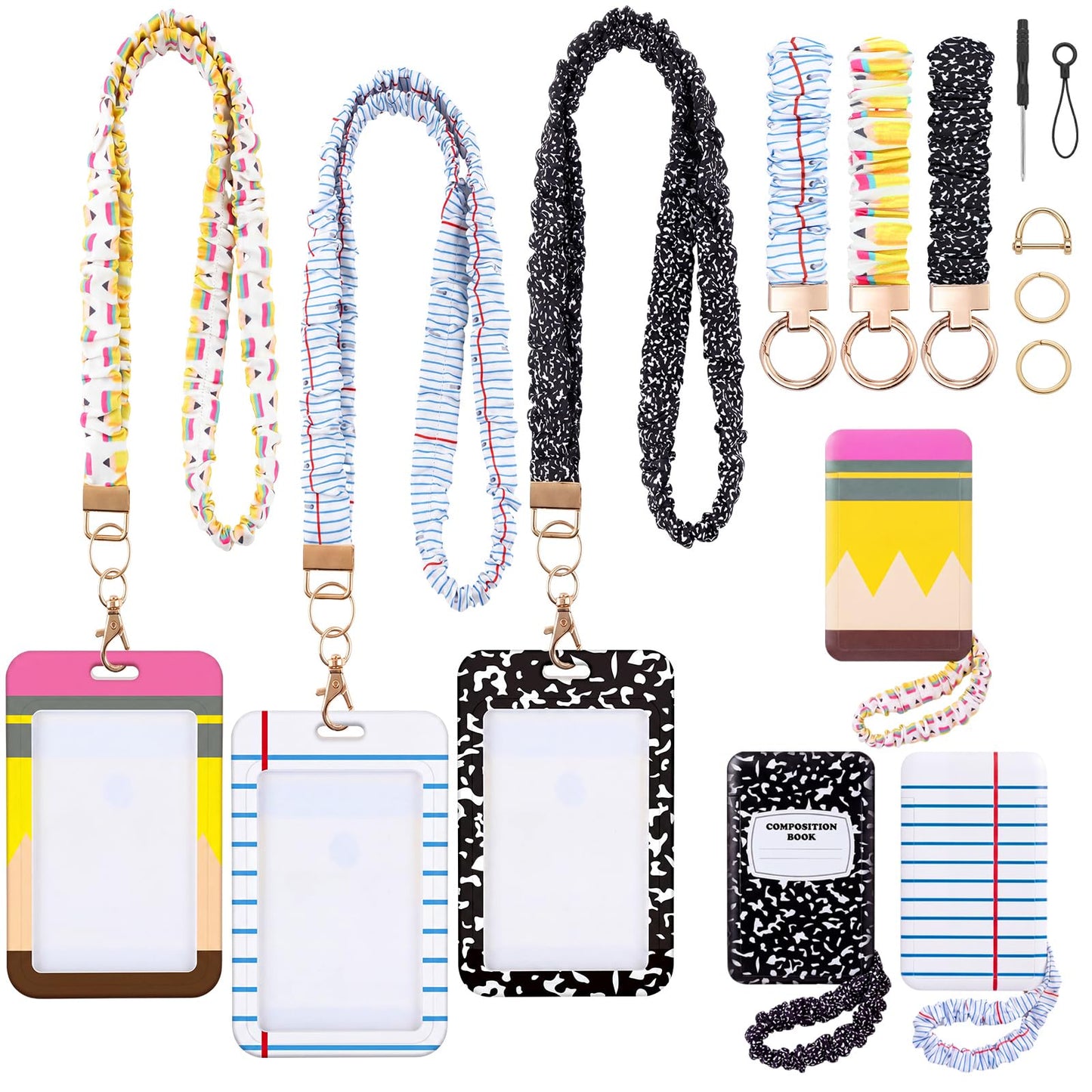 Sabary 3 Pcs Teacher Lanyard with ID Holder Scrunchie Lanyard Breakaway Teacher Lanyards Funny Badge Holder with Lanyards Wristlet Keychain Key Rings Set for Workers Students Teachers