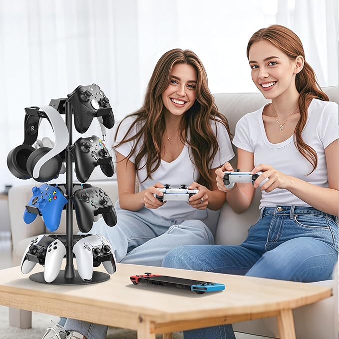 Headset Stand 4 Tiers for Desk, Rotatable Gaming Controller Stand for PS5/PS4/Xbox/Switch2/PS Portal/Phone, Universal PC Gamer Gift Accessory Controller/Headphone Holder for 12 Packs Controller