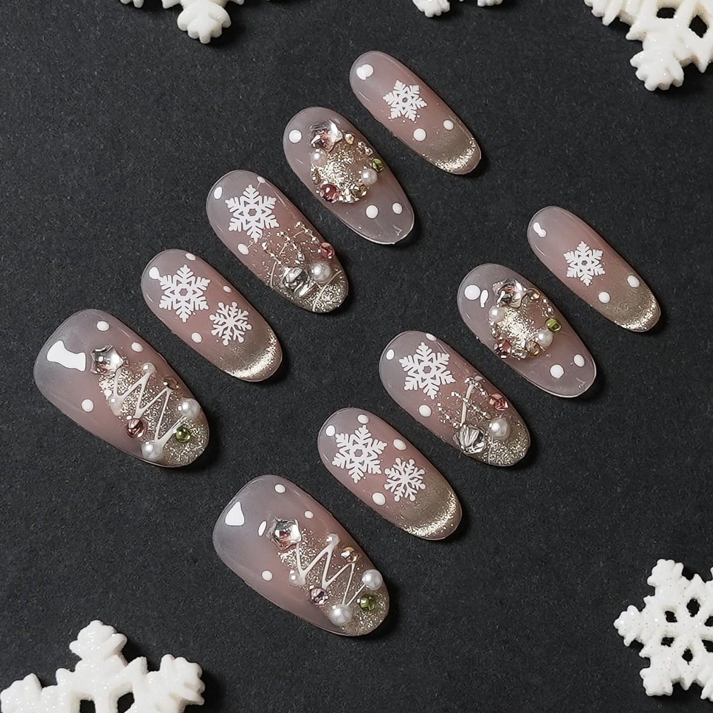 Tesytto Handmade Press on Nails Short Almond - Luxury 3D Texture Pearl Tree & Snowflake Design, Nude Pink Cat Eye Gold French Tip Fake Nails (Ice Christmas,S)