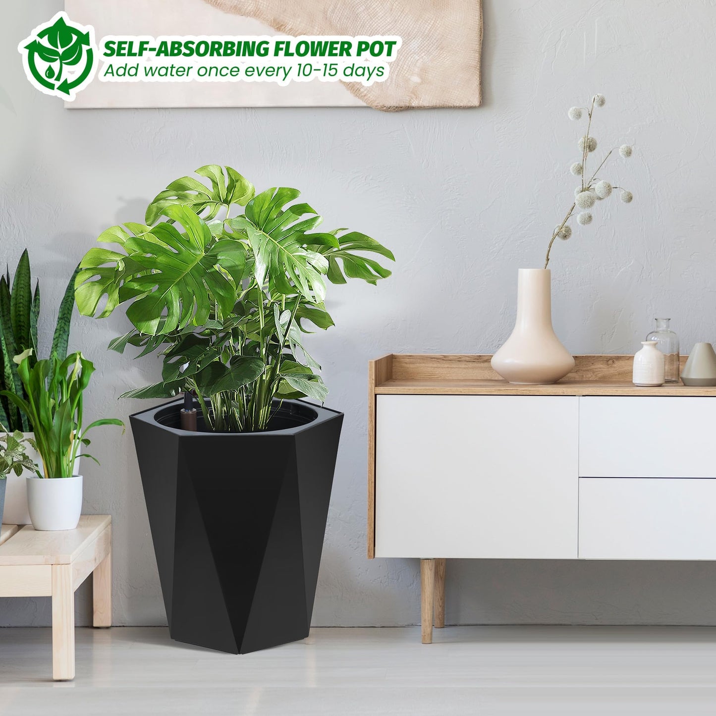 16" Black Tall Planters Outdoor Set of 2, Large Black Flower Pots Outdoor with Drainage Holes & Automatic Watering System, Modern Large Resin Planters for Outdoor Plants, Front Porch, Deck, Diamond