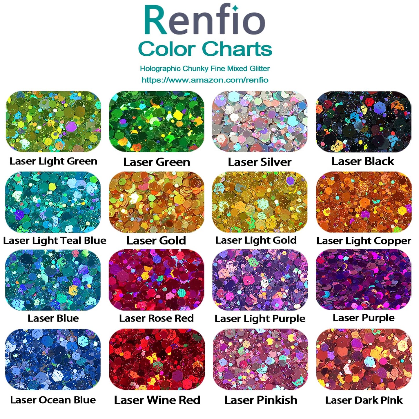 Renfio Holographic Chunky Glitter, 16 Colors Resin Glitter Set Each 10g/0.35oz PET Chunky Flakes Sequins Mix Fine Powder for Crafts, Resin Accessories, Snow Globe Tumbler Supplies, Nails
