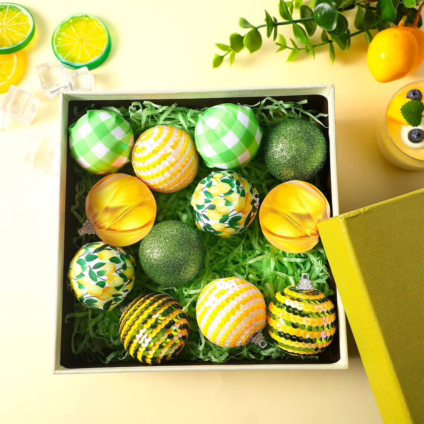 Yuxung 12 Pcs Summer Lemon Tree Ornament Yellow Green Summer Decortion Lemon Ball Hanging Ornament for Small Tree