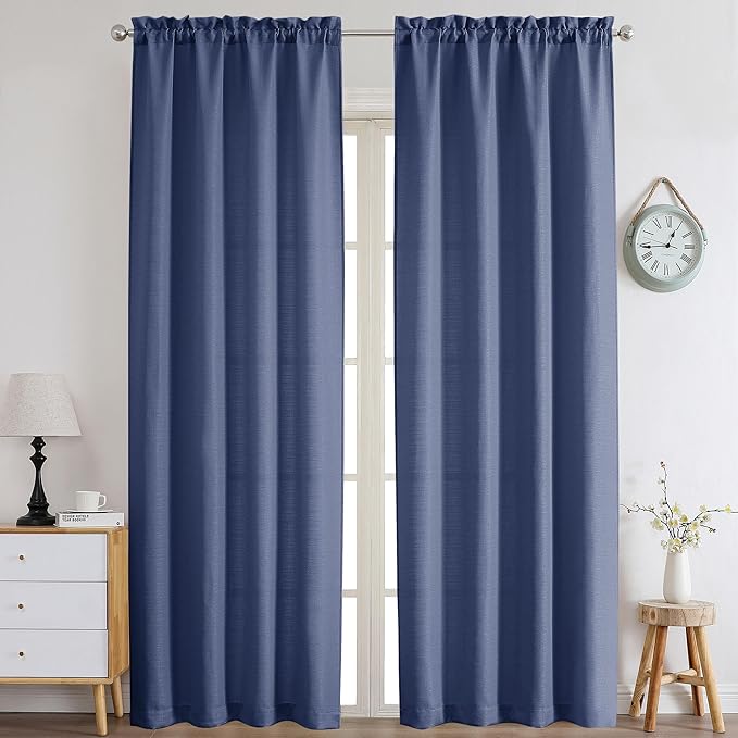 Chyhomenyc Blue Curtains 90 Inch Length 2 Panels Set, Faux Linen Textured Semi Sheer Light Filtering Soft Airy Privacy Farmhouse Curtain Drapes for Living Room Bedroom, 40 Wx90 L Inches