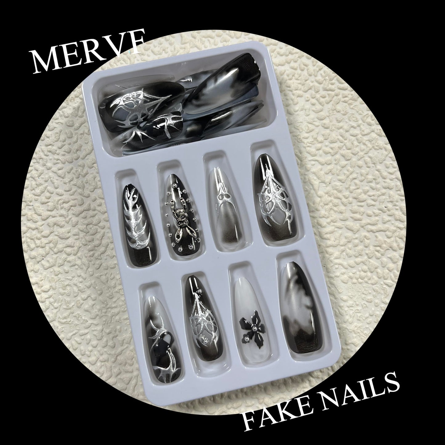 MERVF 24Pcs Long Stiletto Press on Black French Tip Goth Fake Nails with 3D Rabbit, Flower Design, Fire Glue ons Acrylic Glossy Finish, Easter