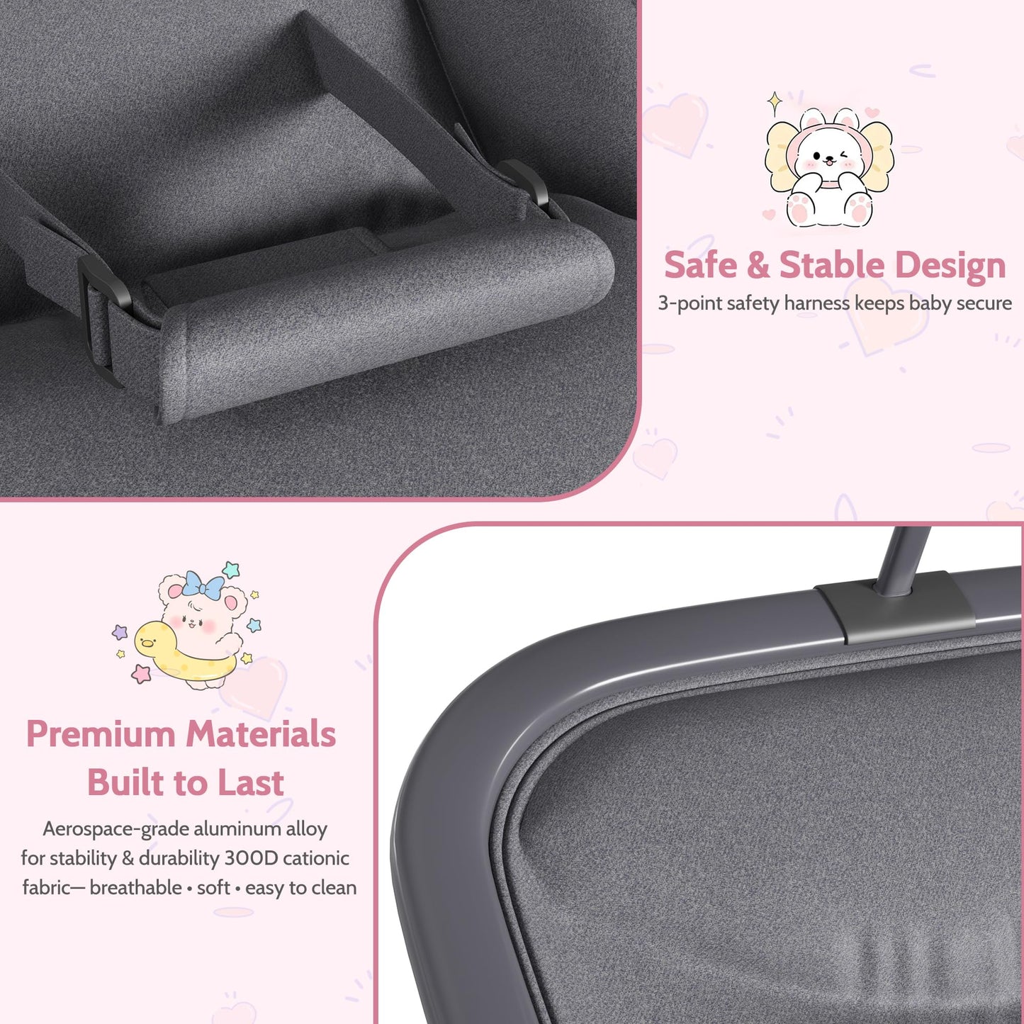 Jojoka Baby Swing for Infants, 3-Position Recline Baby Rocker with Toy Bar, Portable Infant Swing Chair with Lockable Stationary Mode, Lightweight Aluminum Frame, Grey