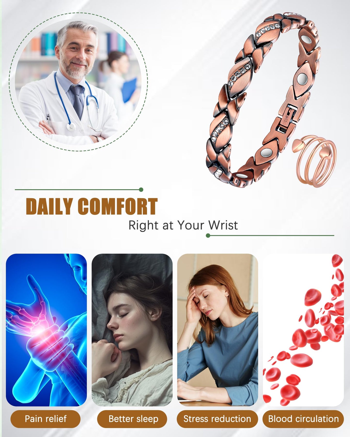 Jeracol Copper Bracelet & Ring for Women, 99.99% Pure Copper Magnetic Bracelet with 3500 Gauss, Adjustable Length Sizing Tool & Jewelry Box