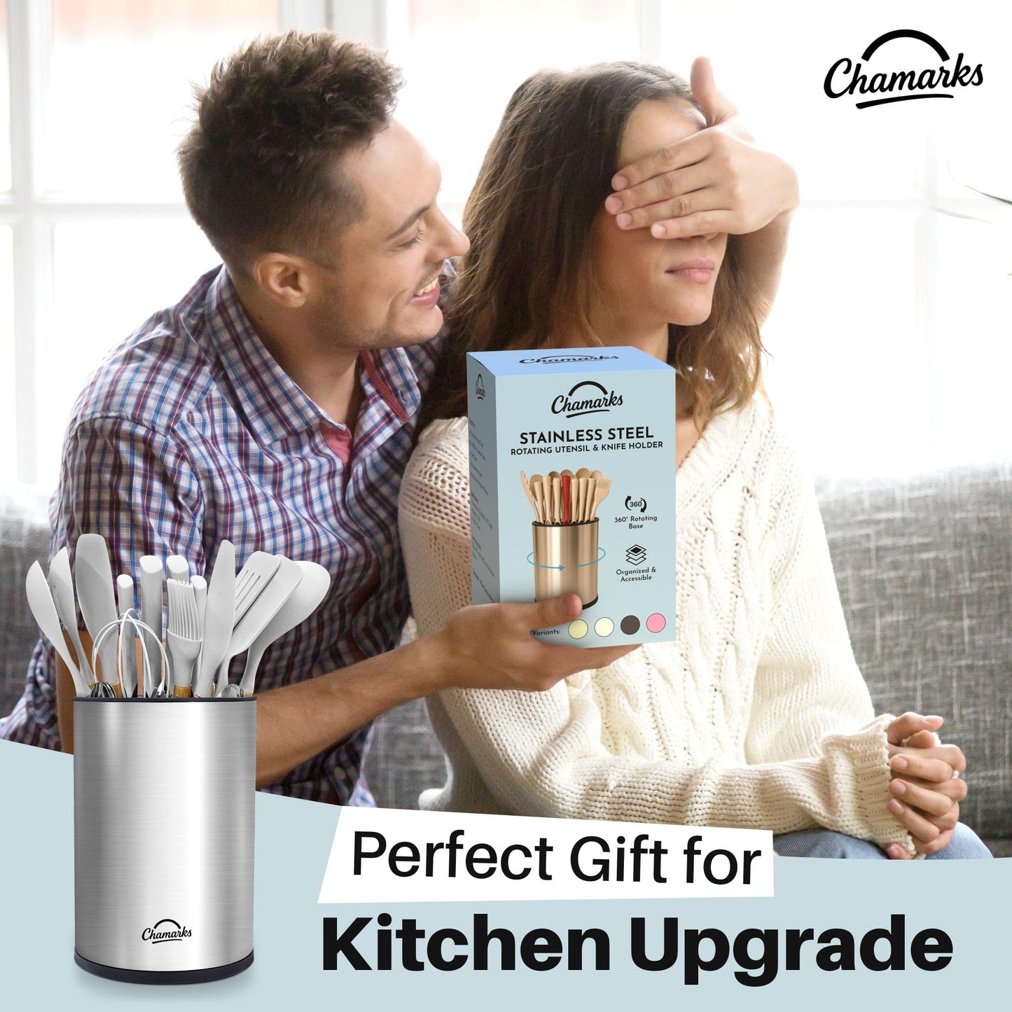 CHAMARKS 3-in-1 Kitchen Utensil Holder for Countertop with Knife Block and Silverware Caddy. (Silver)