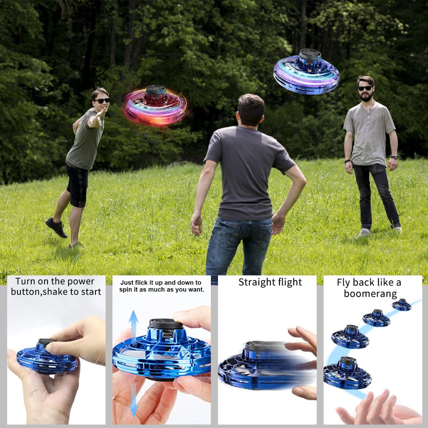 GoolRC Flying Spinner Mini UFO Drone Flying Fidget Spinner Hover Boomerang Fidget Spinner Hand Controlled Mini Drone for Teens Adults Indoor Outdoor Flying Toy