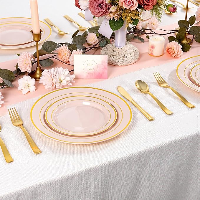 100PCS Pink Plastic Plates, 10 Inch Disposable Dinner Plate Party with Gold Rim, Heavy Duty Disposable Plastic Plates for Party, Wedding & Birthday & Valentine's Day