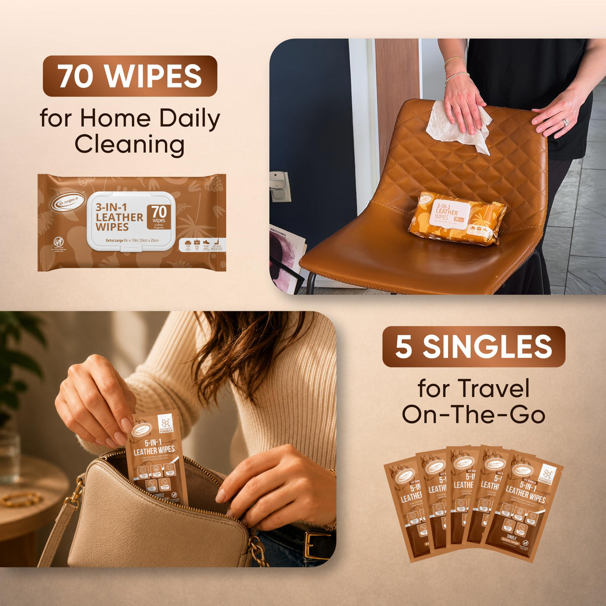 Leather Wipes 70 Ct + 5 of UV Protect Single Pack (75 Count)