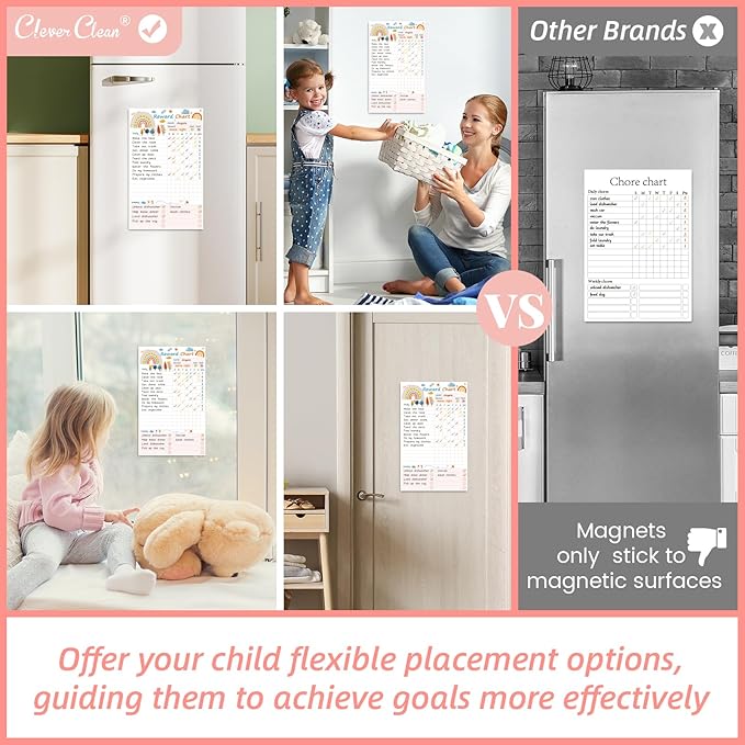 Clever Clean Dry Erase Chore Chart for Kids, Reusable Reward Chart, Non-Magnetic Kids Chore Board Clings to Any Smooth Surfaces, 6 Dry Erase Markers Included (Rainbow)