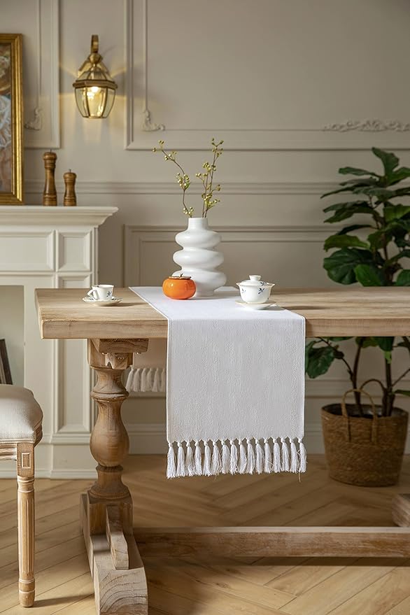 ZeeMart White Table Runners 90 Inches Long, Burlap Linen Style Rustic Farmhouse Table Runner, Long Boho Dining Table Runner, 13x90 Inches, White