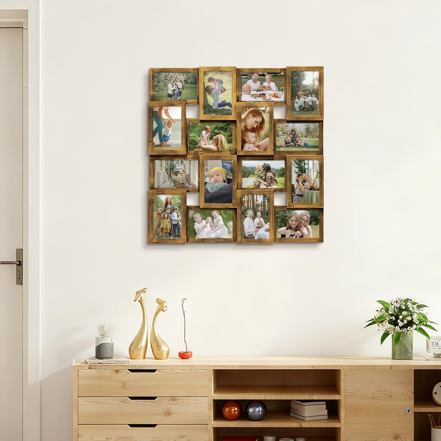 J.M.Deco Collage Picture Frames for Wall 16 Opening, Large Photo Frame Collage Wall Hanging for 4x6 Photo, Reunion Friends Family Memory, Christmas Gift - Retro Gold