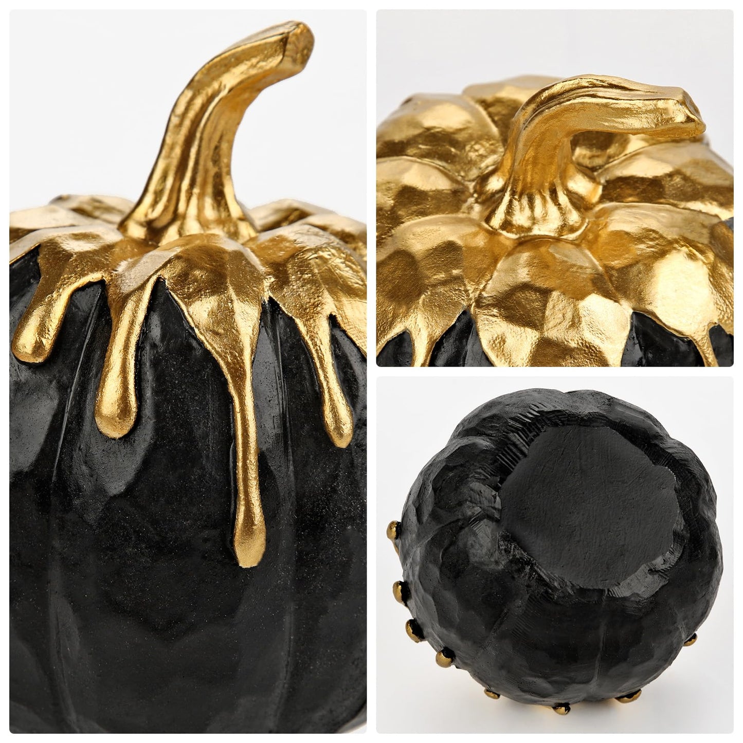 Hollyone Fall Pumpkin Decor 2 PCS Black and Gold Resin Pumpkin Fake Pumpkins for Decorating Figurines Artificial Pumpkins Centerpiece Rustic Farmhouse Halloween Table Fall Decorations for Home