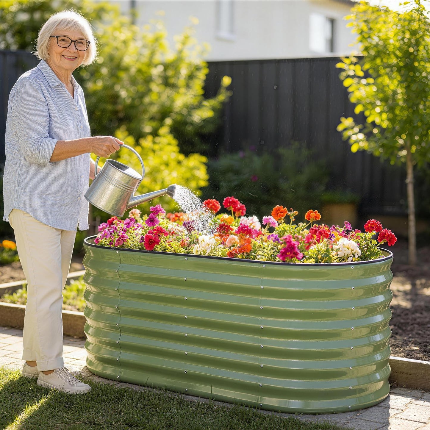 24" Tall Galvanized Raised Garden Bed Outdoor, 4x2x2ft Deep Metal Planter Box with Safety Edging & Support Bars, Large Oval Raised Beds for Gardening Plants Vegetables Herbs Flowers (Olive Green)