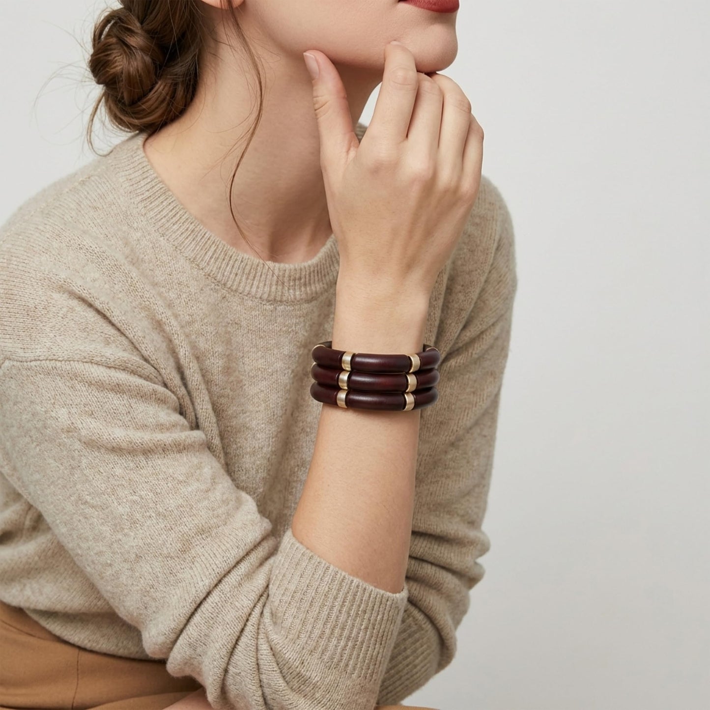 GOOJIDS Simple Beaded Gold Plated Bangles Bracelet Chunky Bamboo Tube Curved Stacking Clear Acrylic Colorful Beads Stretchable Gold Plated Bracelets Set For Women (T-Dark Brown 3 set)