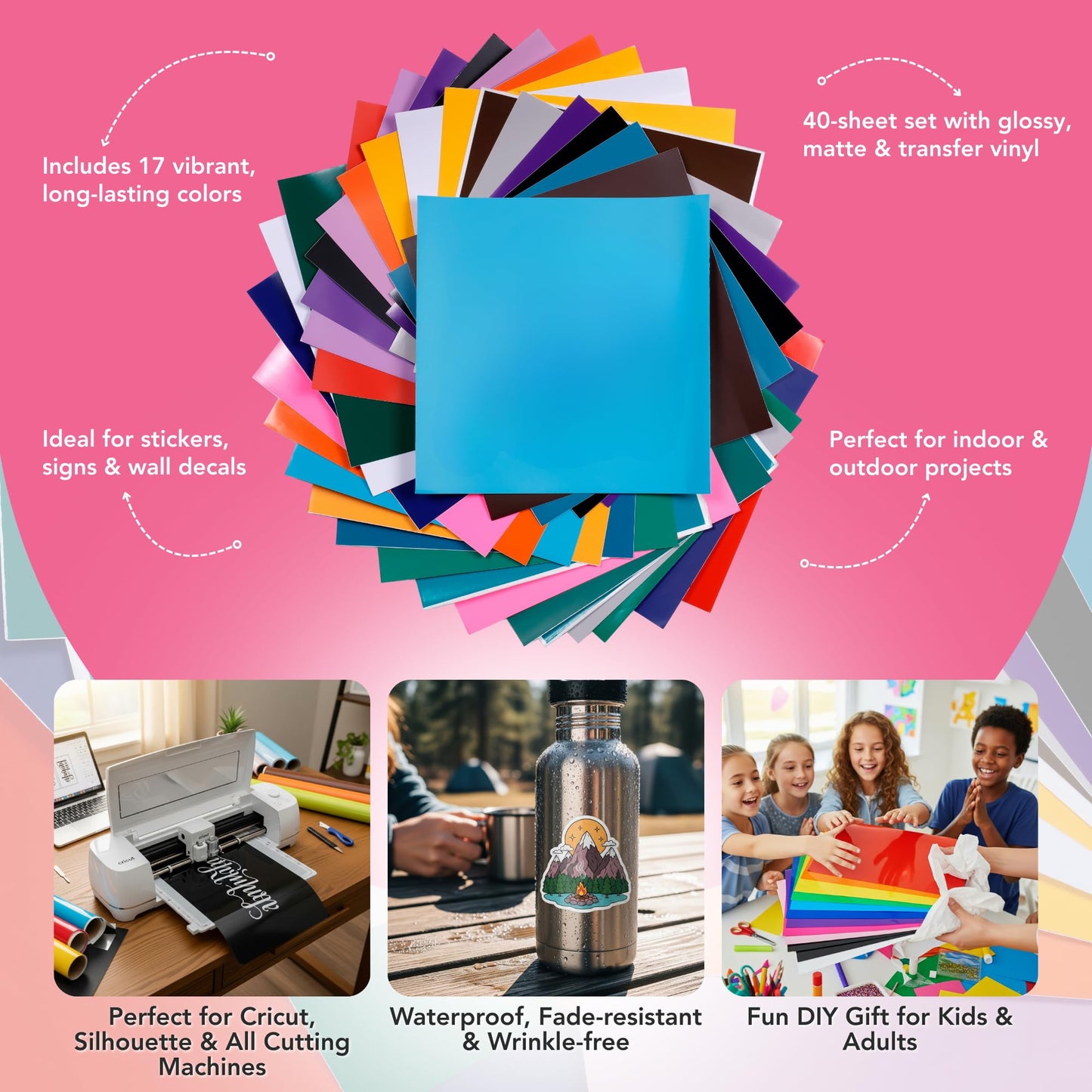 Incraftables 40 Sheet Cricut Vinyl Pack – 12x12 Permanent Vinyl for Cutting Machine – Assorted Adhesive Craft Sheets for Stickers, Scrapbooks & Waterproof Labels – Glossy & Matte Variety