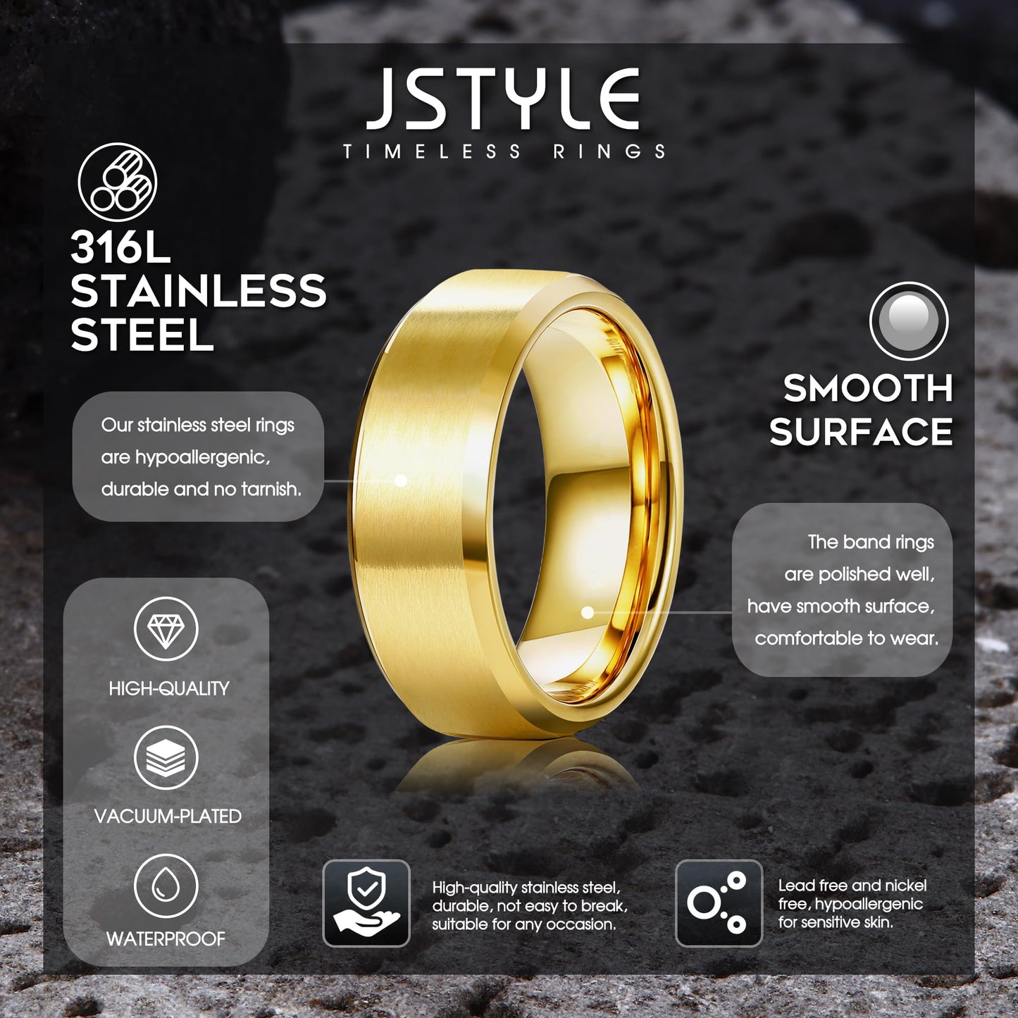 Jstyle Stainless Steel Rings for Men Women 8MM Wedding Band Rings Matte Surface - Beveled Polished Edge Mens Ring Size 8 18K Gold Plated Ring for Men