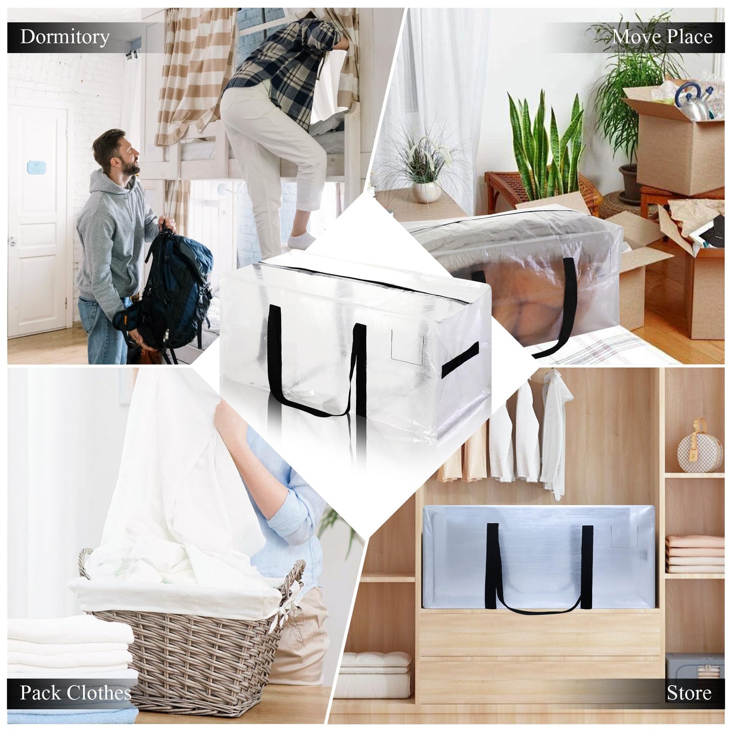 6 Pack Heavy Duty Extra Large Moving Bags with Black Handles, Waterproof Foldable Storage Totes, Clothing Storage Bags, Packing Moving Boxes for College Supplies & Seasonal Storage, Clear