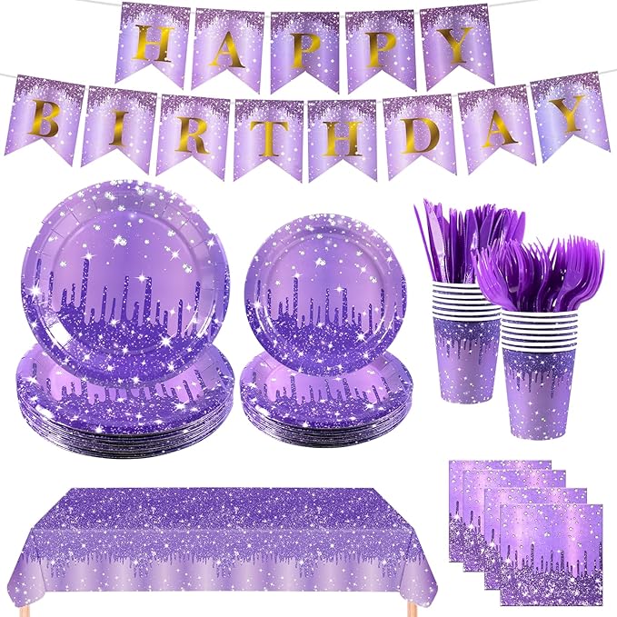 182PCS Purple and Silver Birthday Party Decorations,Purple Theme Party Plates and Napkins Disposable Tableware Set for Girls Ladies Women Wedding Favors,Serves 30 Guests