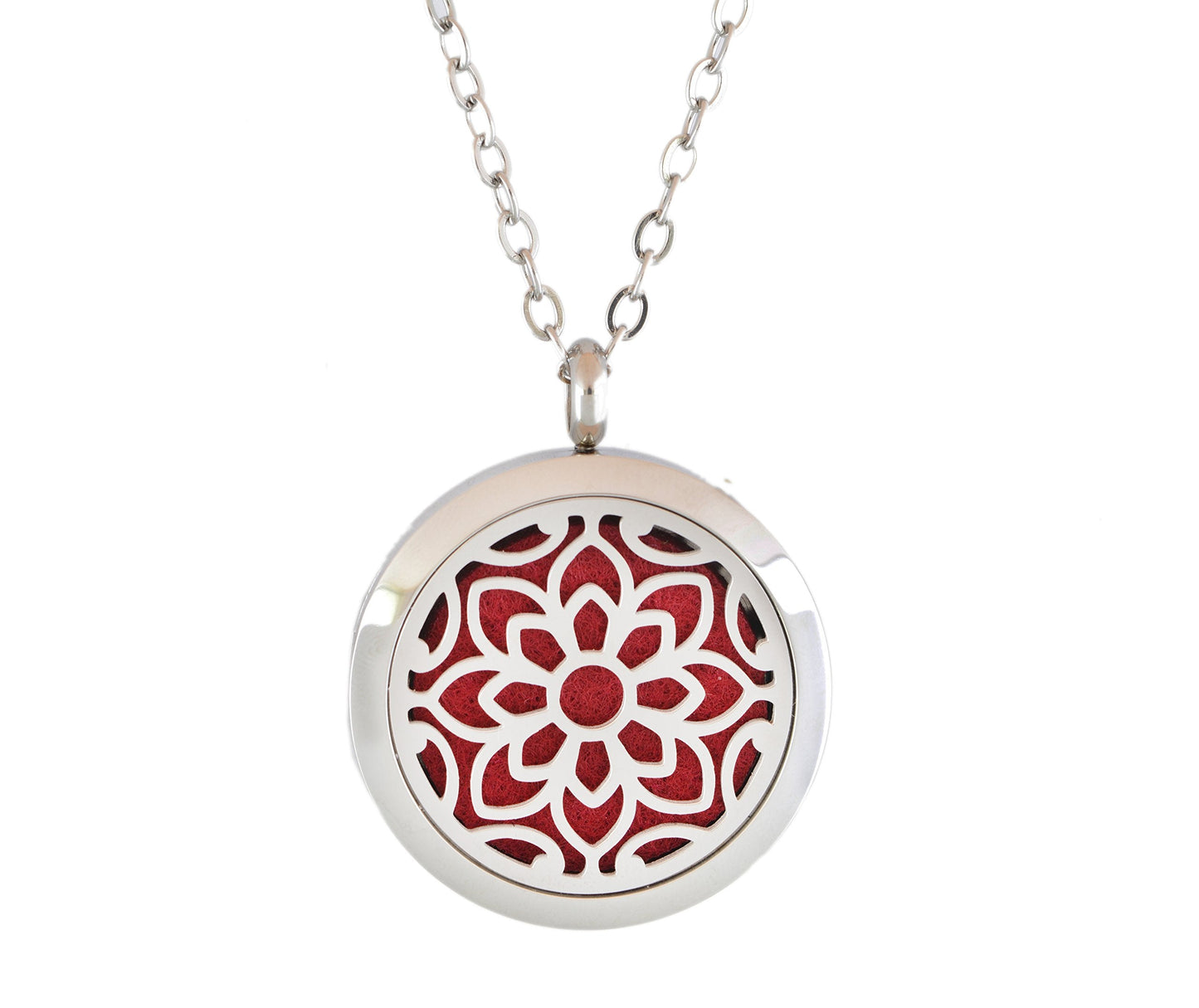Aromatherapy Essential Oil Diffuser Stainless Steel 30MM Silver Magnetic Locket Pendant with Chain Necklace and Colored Refill Pads & Diffuser Bracelet All in a Velvet Bag (Flower)
