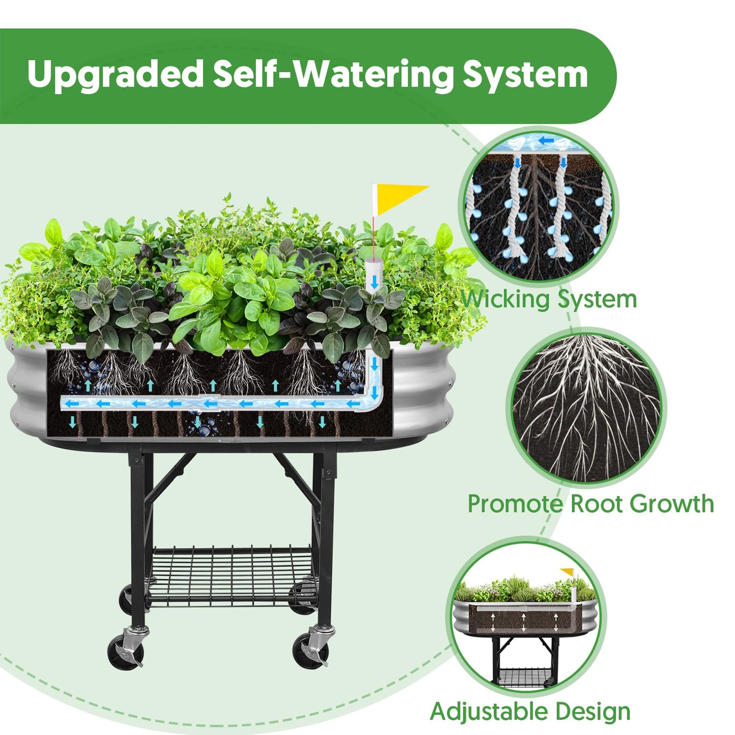 Self-Watering Raised Garden Bed with Legs and Heavy Duty Wheels, Easy-Install Planter Box with Foldable Stand, Galvanized Metal Elevated Wicking Bed with Liner for Indoor Outdoor Gardening