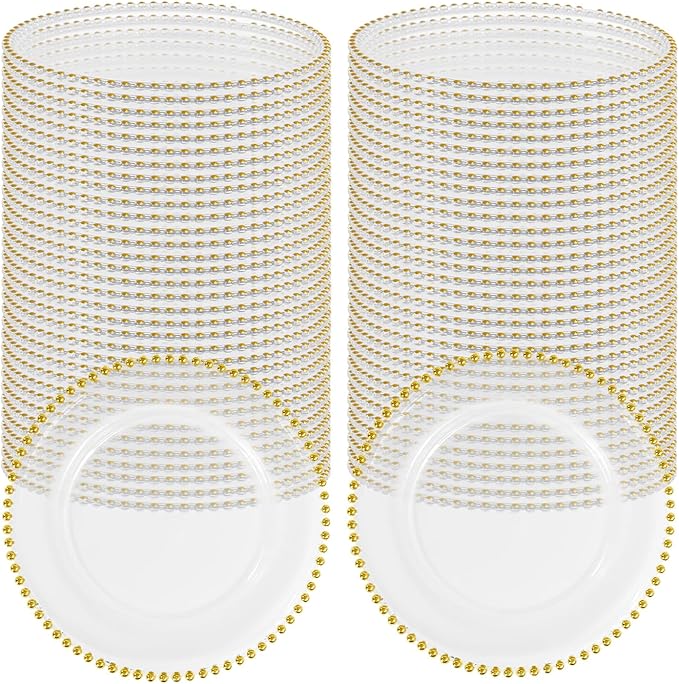 50 PCS Clear Round Charger Plates with Beaded Rim, 13 Inch Plastic Acrylic Plate, Plastic Round Beaded Dinner Decorative Service Plates for Wedding Party Event, Home Kitchen Tabletop(Gold)
