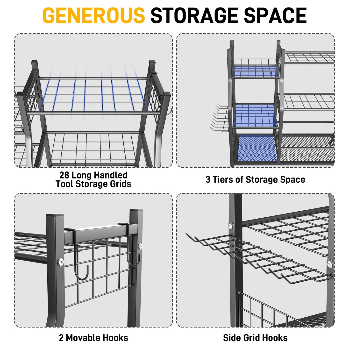 Ultrawall Garden Tool Organizer, Yard Tool Storage Rack for Garage Organization with Lockable Wheels, Garden Tool Stand for Rake, Brooms, Indoor & Outdoor Use