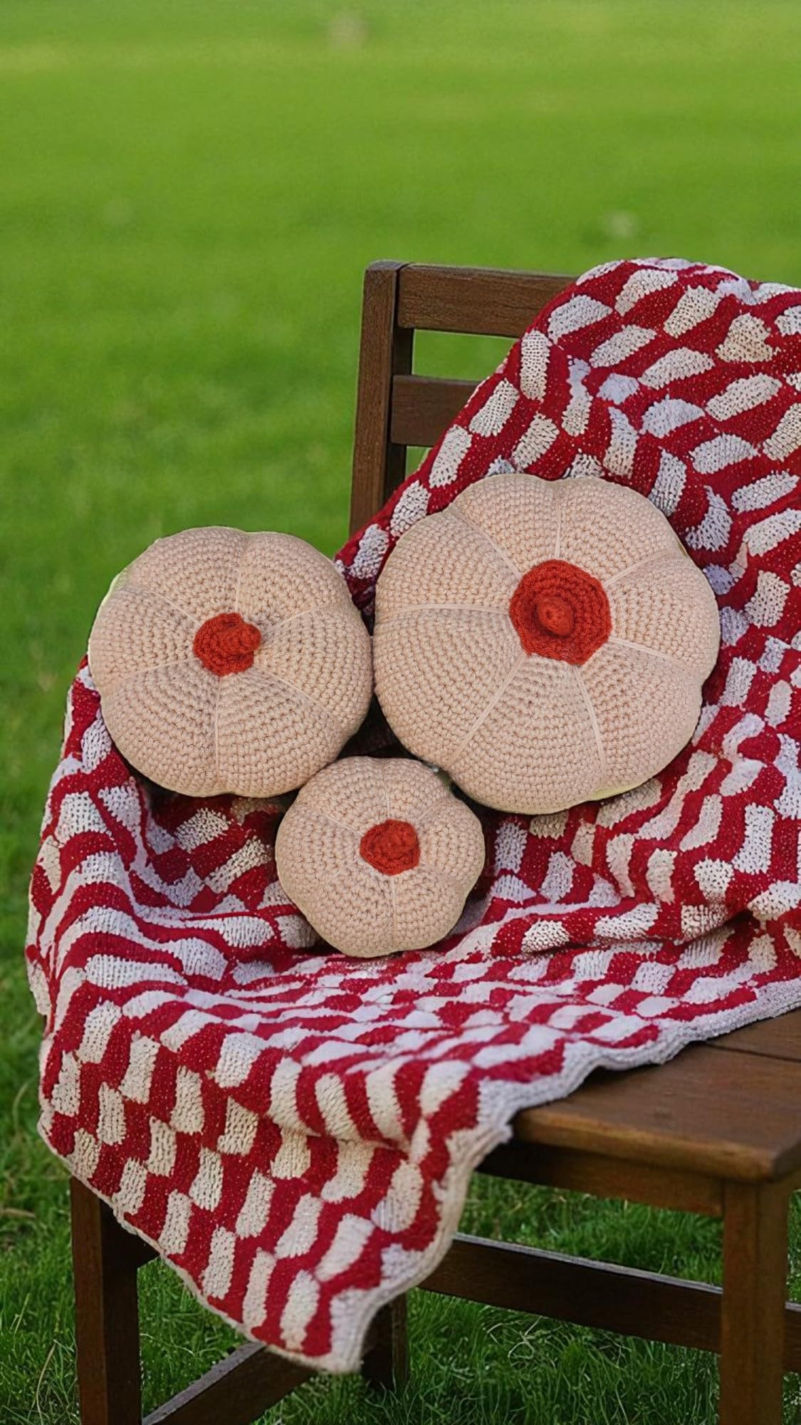 Halloween Decorative Crochet Handmade Pumpkins Set of 3 Tabletop or Shelf Decor, Spooky Fall Table Accent Ivory Tiered Fall Decoration