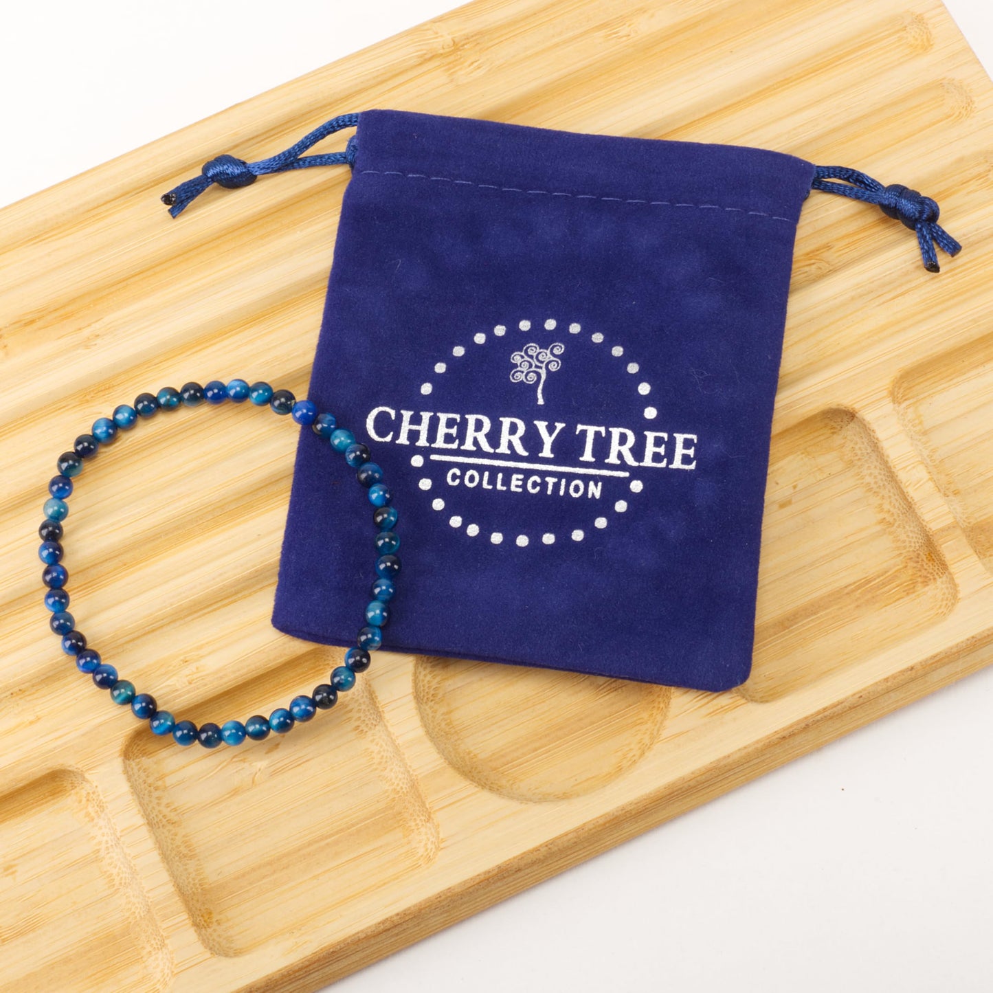 Cherry Tree Collection - Small, Medium, Large Sizes - Gemstone Beaded Bracelets For Women and Men - 4mm Round Beads (Jade Blue Tiger's Eye, Small)