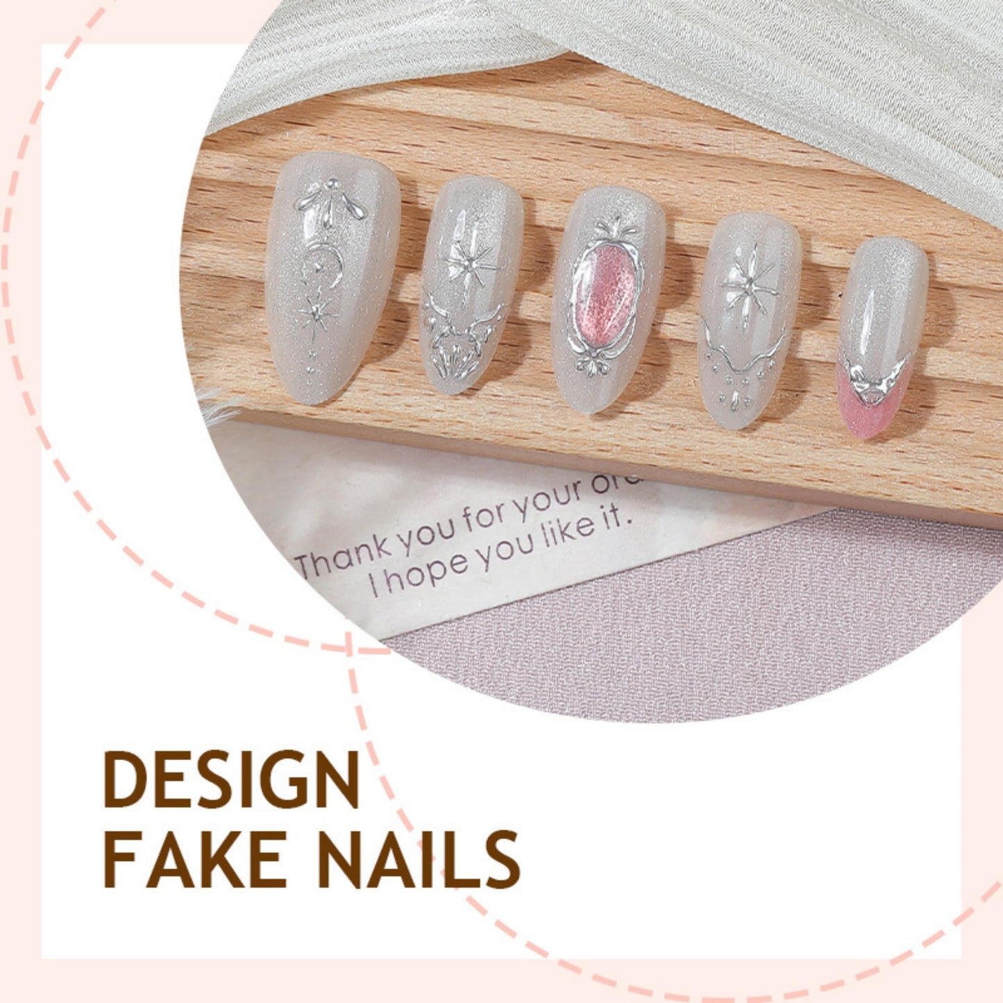 Almond Press on Nails Long Fake Nails Pink Acrylic Nail Press ons SEENEEY Silver Charm Designs Cat eye Stick on Nail for Women 24pcs