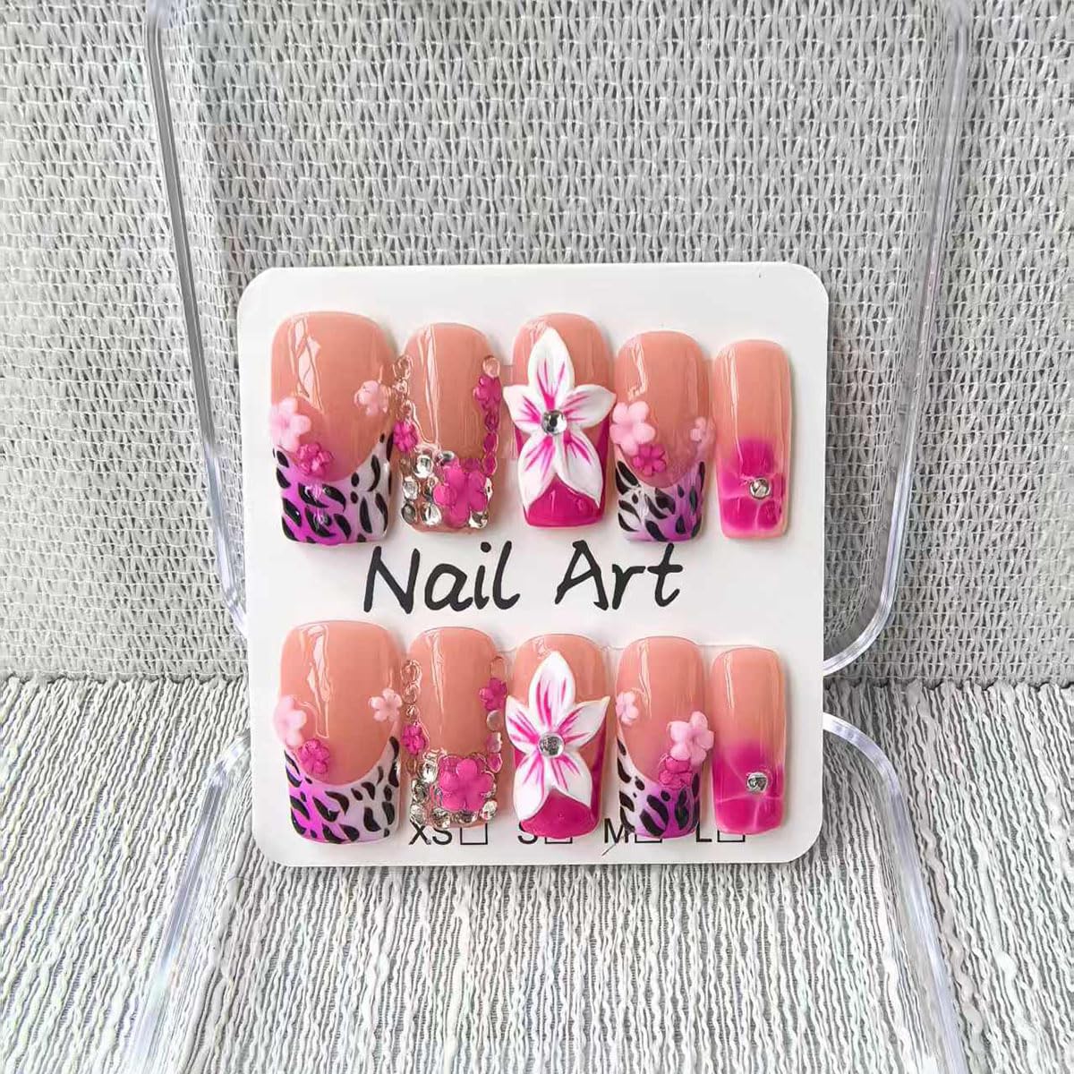 Medium Square Press on Nails Handmade Fake Nails Pink Leopard print French Tip with 3D Flower Designs luxury Rhinestones Glossy Cute Acrylic Nails for Women 10pcs (Size M）