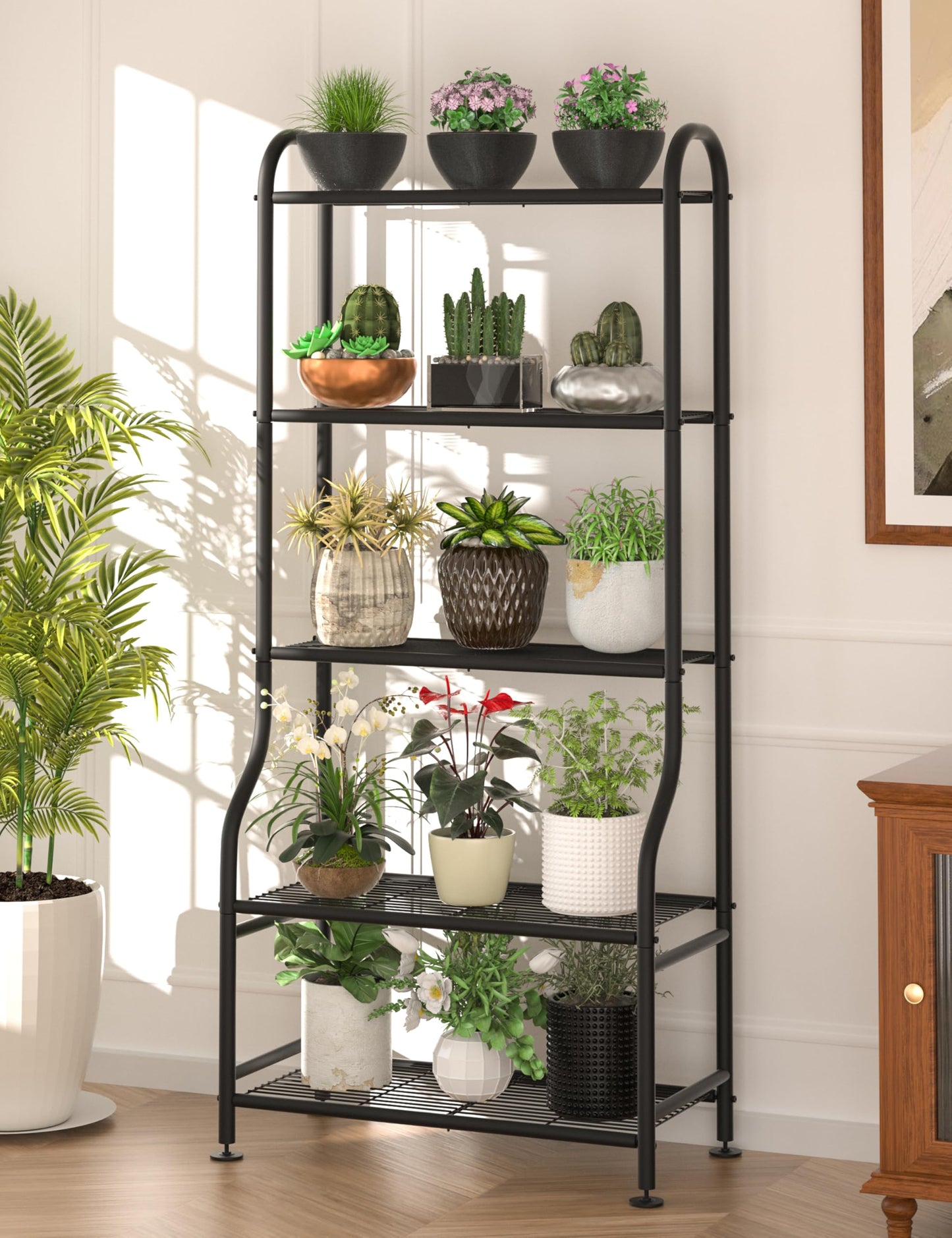 Yutrchey 5-Tier Metal Plant Stand - Heavy Duty Indoor Outdoor Flower Shelf for Multiple Pots, 65" Tall Vertical Holder with Adjustable Leveling Feet & Wall-Fixing Kits, Black